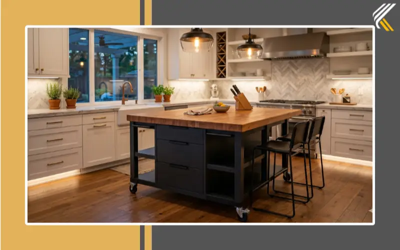 Modern rolling kitchen island with butcher block countertop
