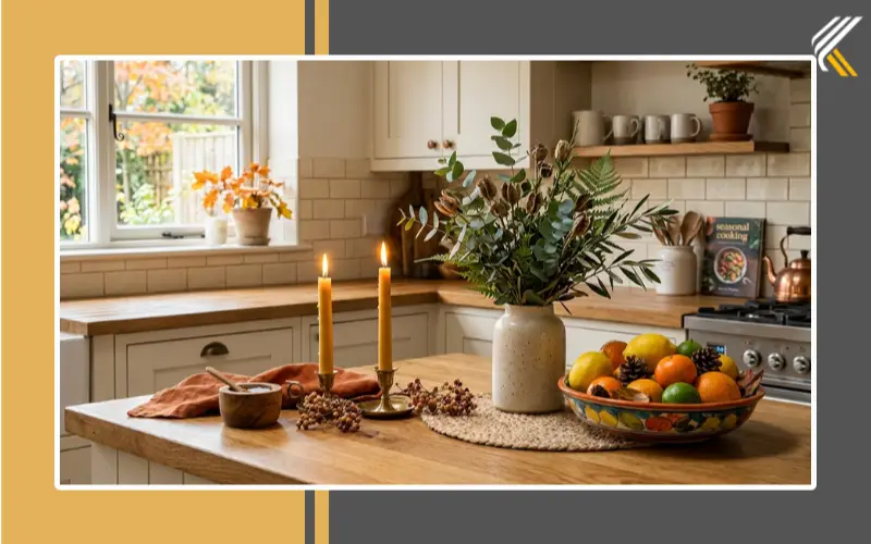 Seasonal kitchen countertop decor with greenery candles and warm accents