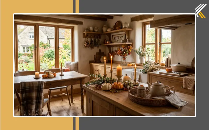 Seasonal farmhouse kitchen decor with cozy rustic accessories