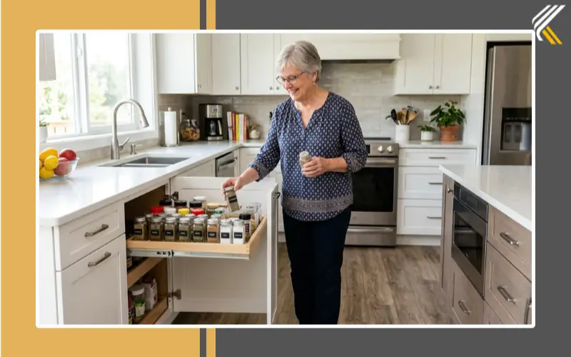 Senior using pull out shelves for easier kitchen access