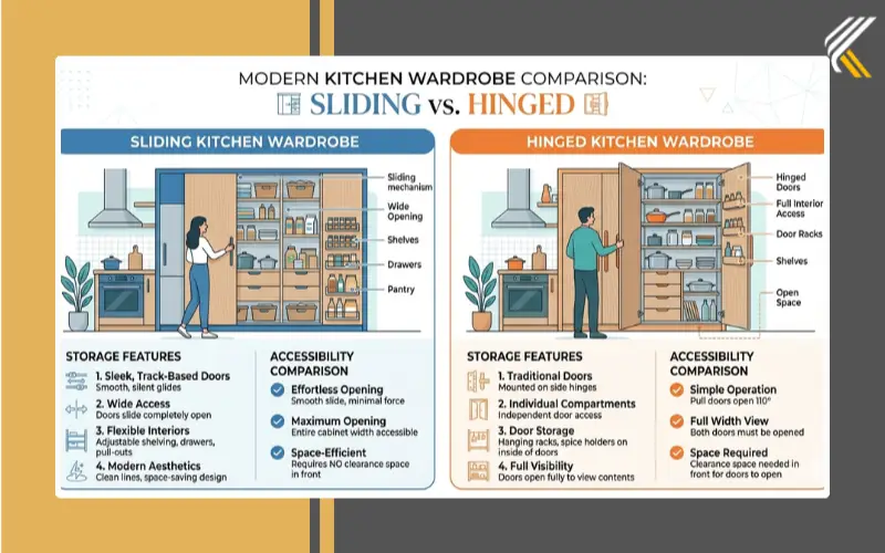 Sliding vs hinged wardrobe comparison for kitchens