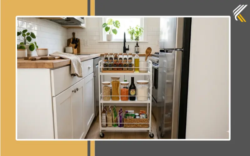 Slim rolling kitchen cart beside refrigerator in a small apartment kitchen