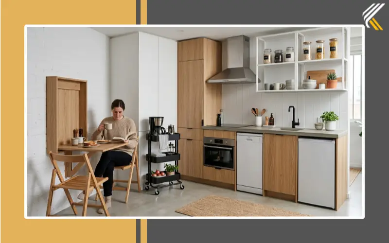 Compact apartment kitchen with multifunctional furniture