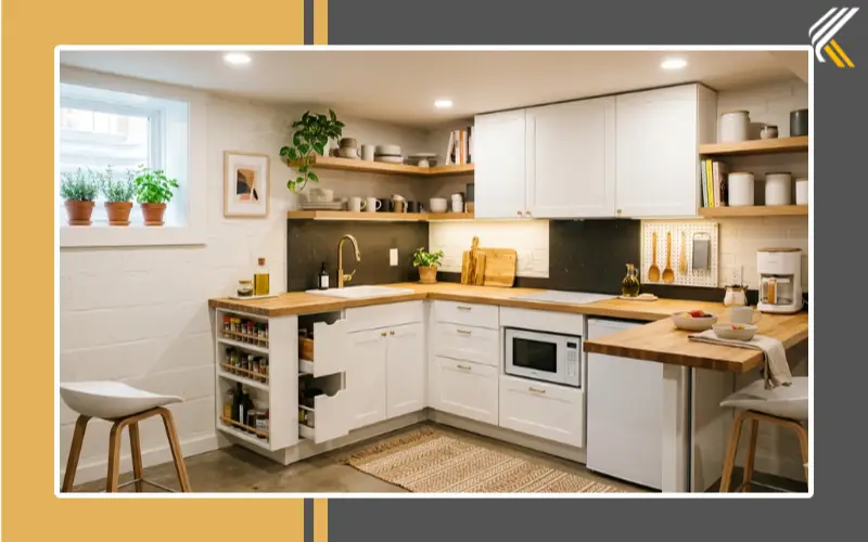 small basement kitchen ideas with compact design and smart storage