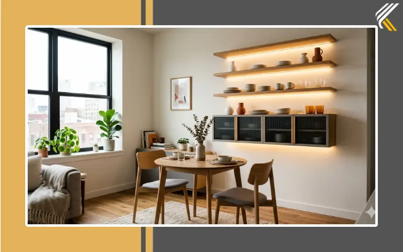 small dining room crockery cabinet with warm lighting