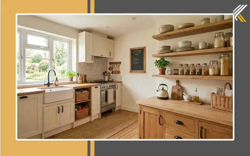 Small farmhouse kitchen with smart storage and neutral decor