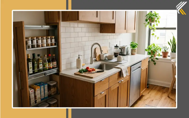 DIY pull out shelves in a small apartment kitchen