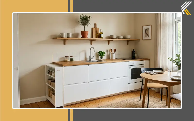 Small minimalist apartment kitchen with smart storage solutions