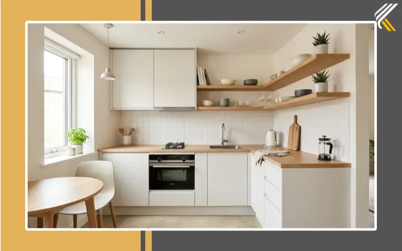 small modular kitchen ideas with space saving design and light colors