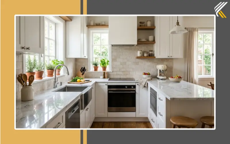 Small white kitchen with light stone backsplash