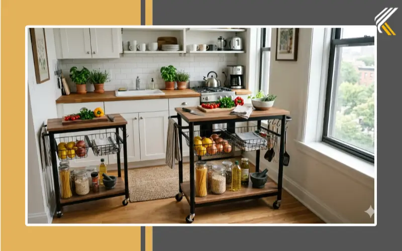 Compact rolling kitchen cart in a small apartment kitchen
