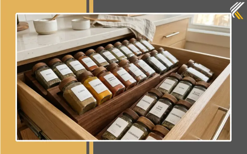 Spice drawer organization ideas with labeled spice jars