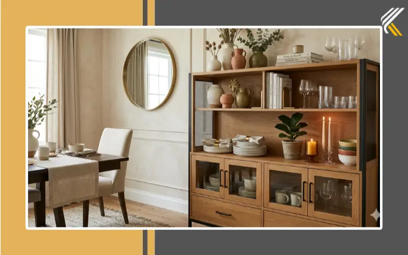 Decorated modern crockery cabinet with stylish accessories