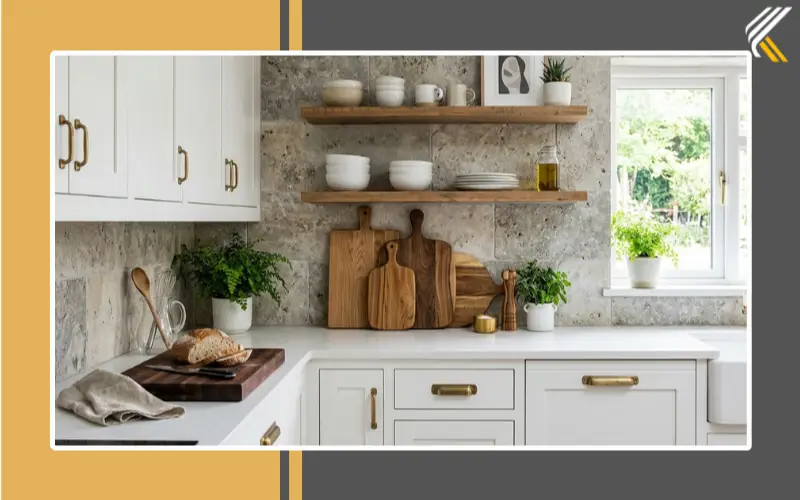 Styled white kitchen with stone backsplash and warm decor