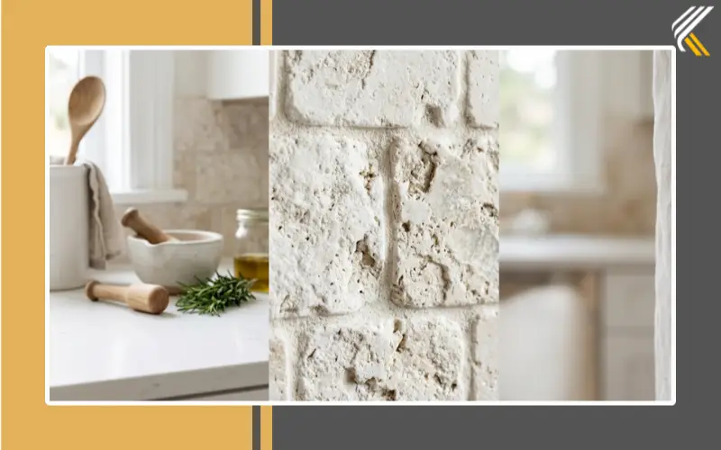 Close-up textured stone backsplash in white kitchen