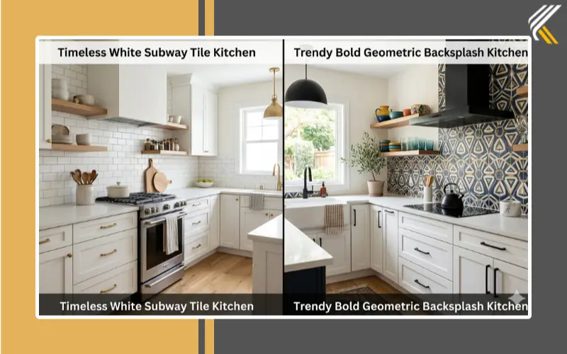 Timeless vs trendy backsplash styles for white kitchens