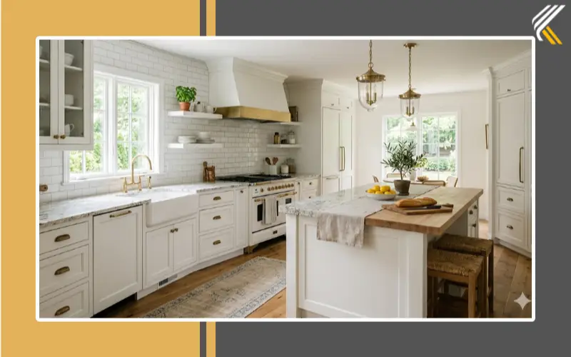 Timeless kitchen backsplash with white cabinets and granite