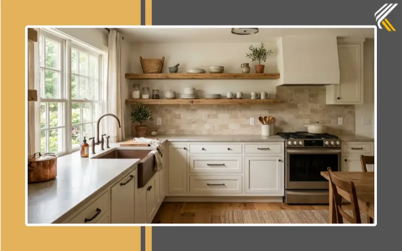 Farmhouse white kitchen with warm travertine backsplash