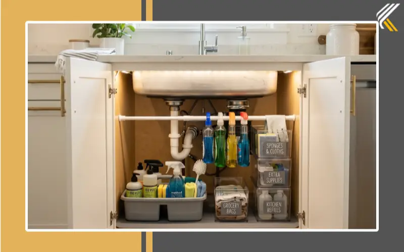 Under sink cabinet organization with stackable bins and cleaning caddy