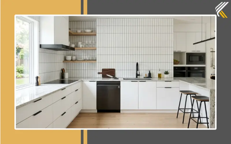 Vertical subway tile backsplash in modern white kitchen