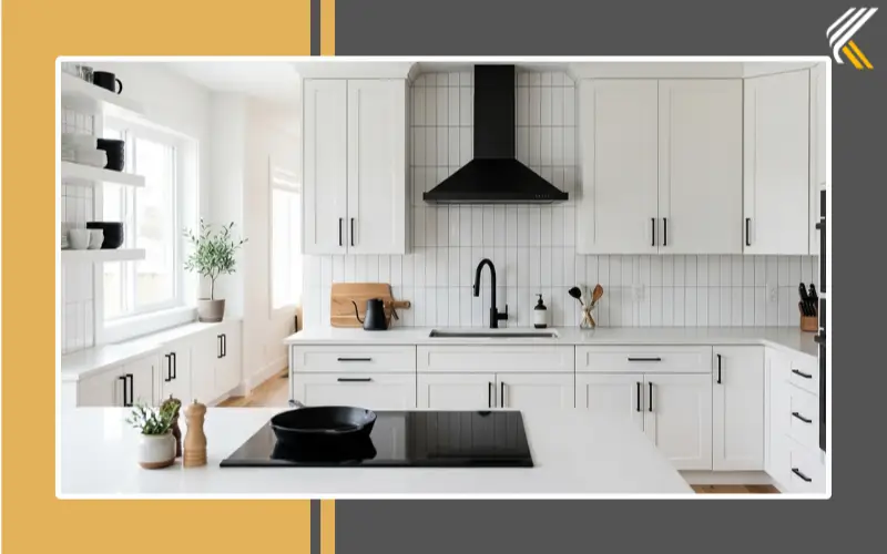 Vertical subway tile backsplash with white cabinets