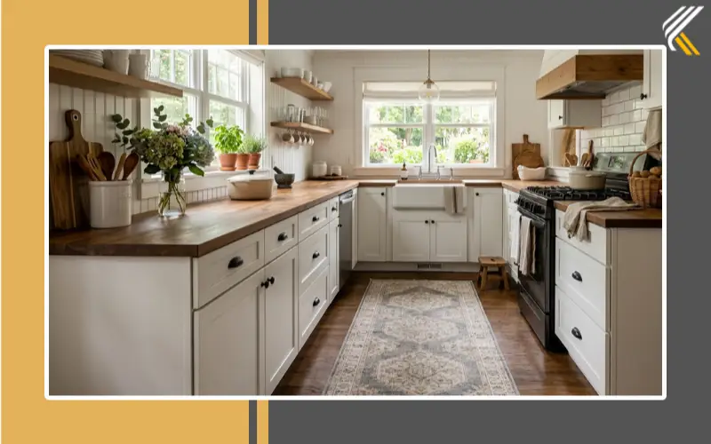Washable kitchen runner rug in farmhouse kitchen