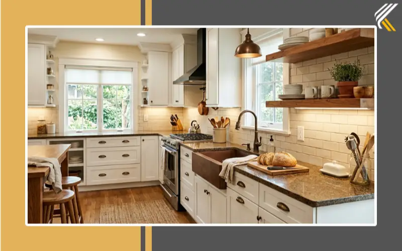 Warm beige backsplash with white cabinets and brown granite