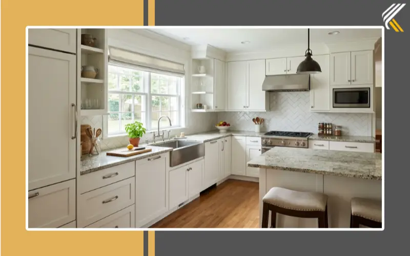 White cabinets with granite countertops and backsplash