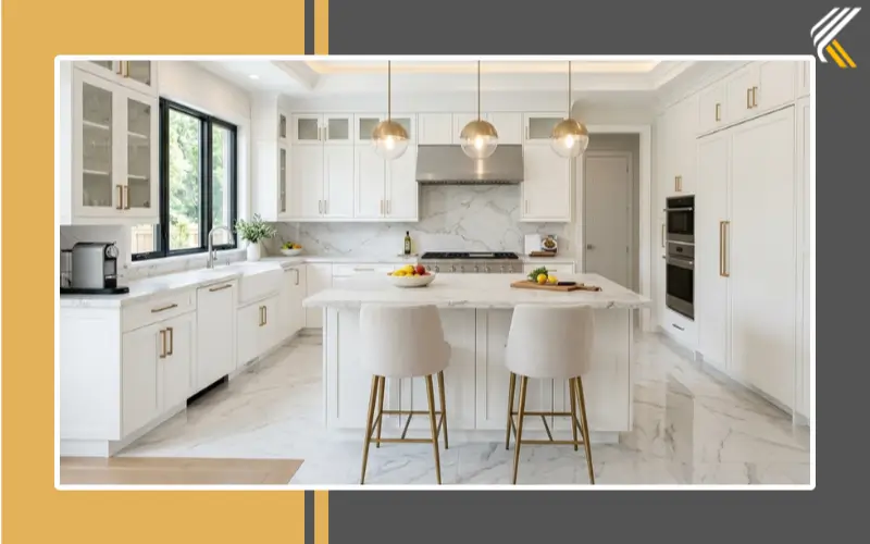 White granite countertops with matching backsplash design