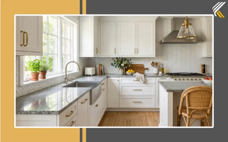 White herringbone backsplash with granite countertops