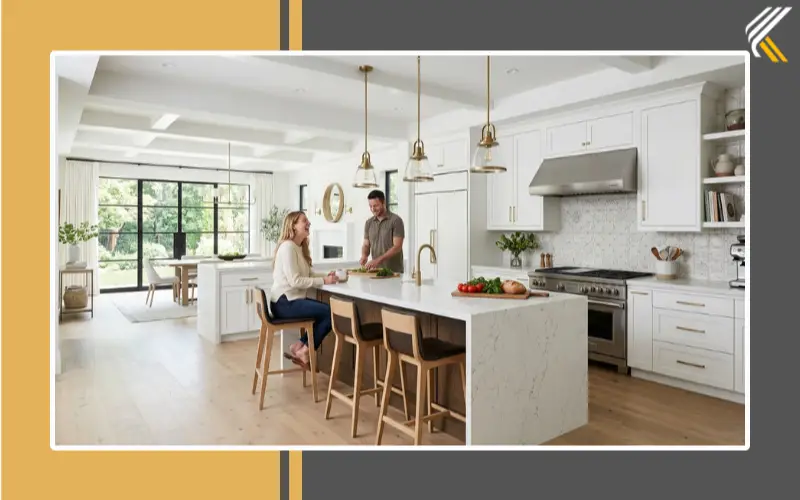 White kitchen with decorative tile backsplash and quartz countertops