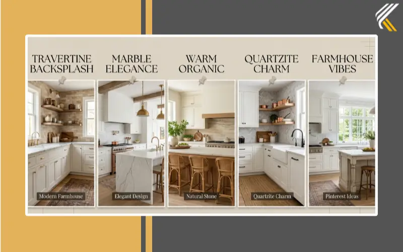 Pinterest collage of white kitchen stone backsplash ideas