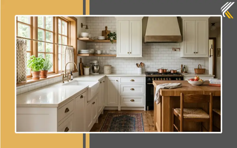 White subway tile backsplash with white shaker cabinets