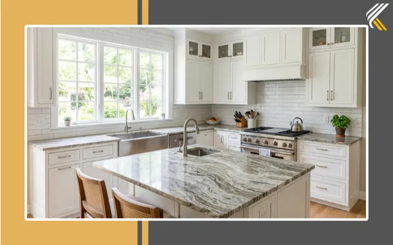 White subway tile backsplash with Fantasy Brown granite countertops