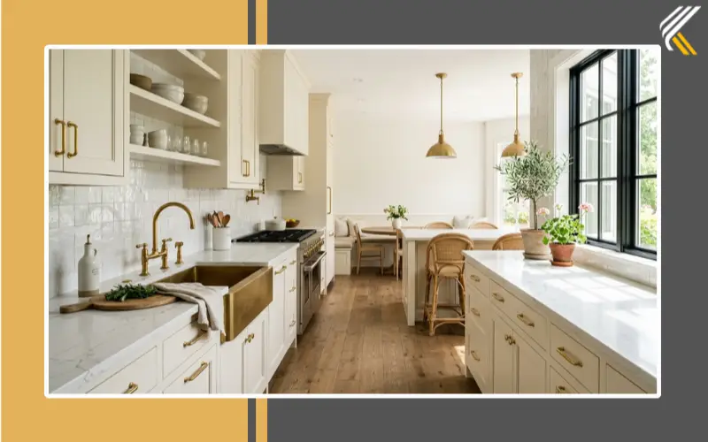 White zellige decorative tiles for kitchen backsplash behind quartz countertops