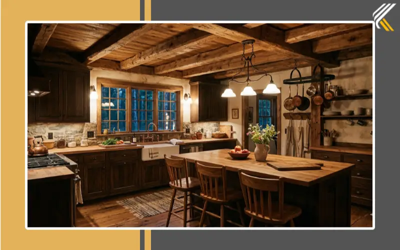 wooden beam ceiling design in kitchen with rustic style