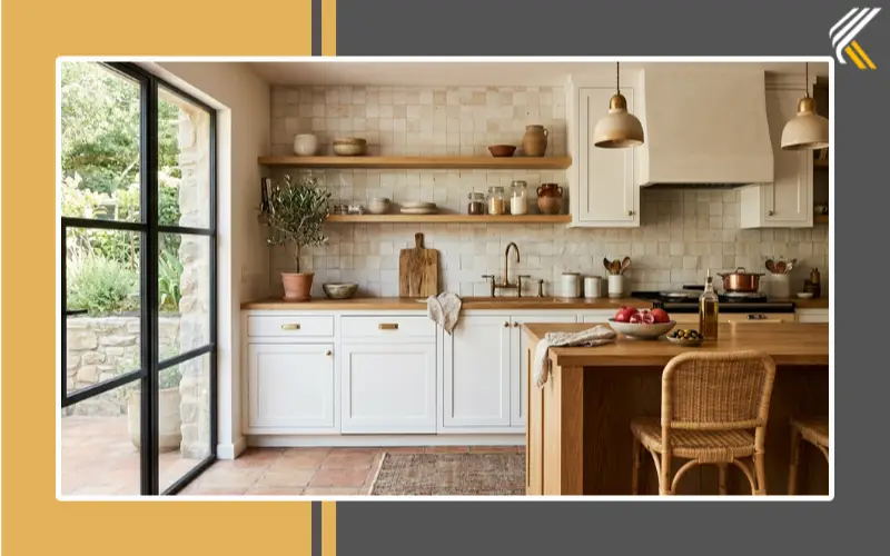 Zellige tile backsplash with white cabinets and warm lighting