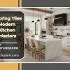Modern kitchen interior featuring large-format porcelain floor tiles, white cabinets, and a kitchen island