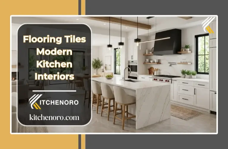 Modern kitchen interior featuring large-format porcelain floor tiles, white cabinets, and a kitchen island