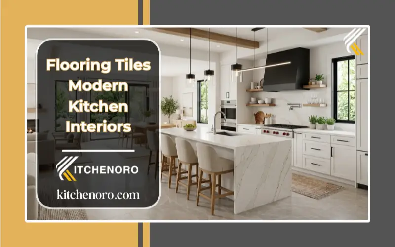 Modern kitchen interior featuring large-format porcelain floor tiles, white cabinets, and a kitchen island