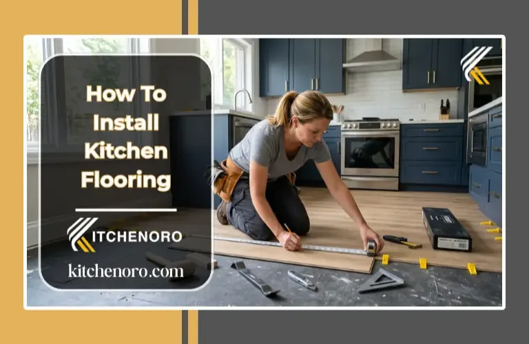 Homeowner installing kitchen flooring in a modern kitchen