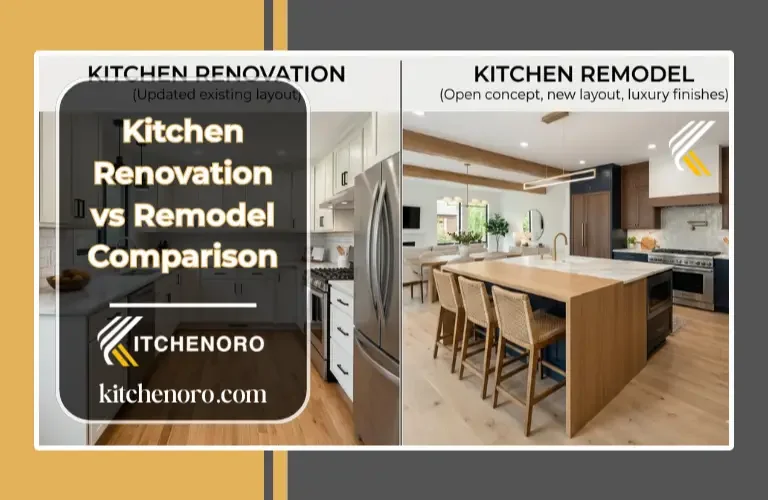 Kitchen renovation vs remodel comparison showing updated kitchen and redesigned kitchen layout