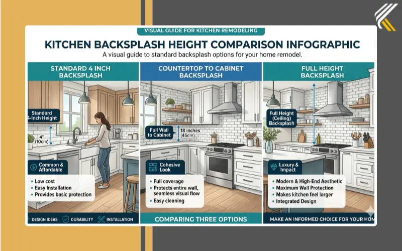 Standard backsplash height countertop to cabinet and full height backsplash examples