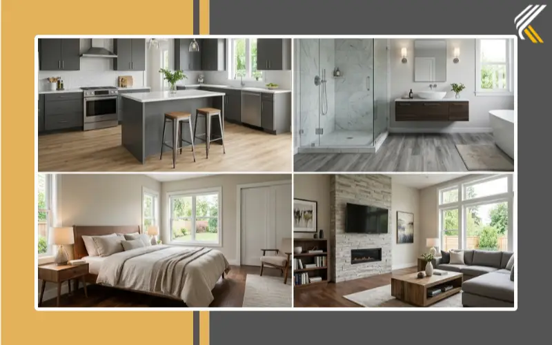 Different flooring types used in kitchen bathroom bedroom and living room