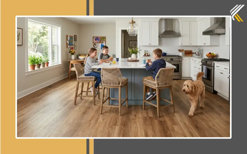 Family-friendly kitchen flooring with children and pets on luxury vinyl flooring