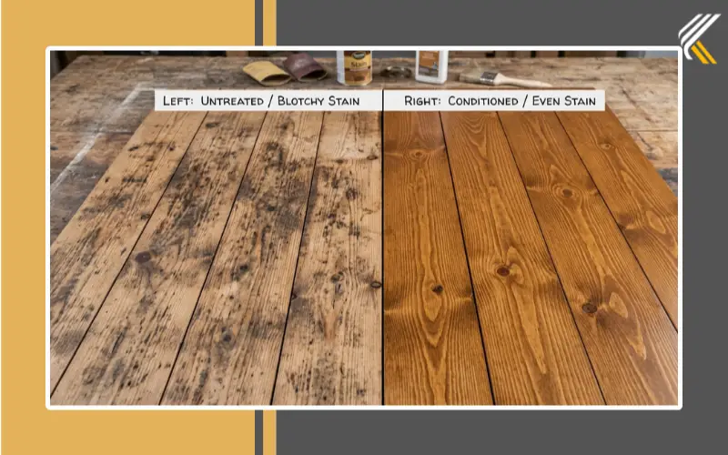 Comparison of blotchy and properly stained pine flooring