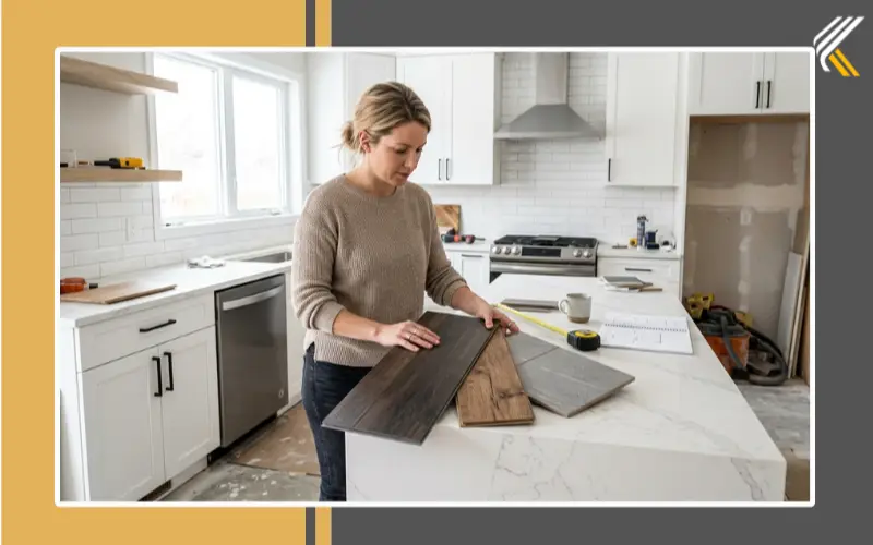 Homeowner comparing kitchen flooring samples before renovation