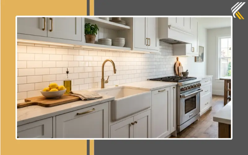 Finished kitchen backsplash installation with subway tile