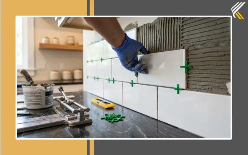 Installing backsplash tile with spacers and adhesive