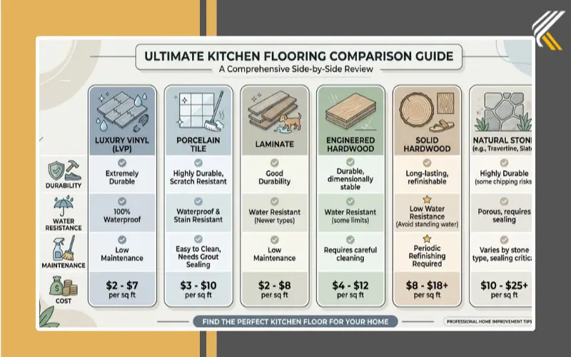 Kitchen flooring comparison showing durability, water resistance, maintenance, and cost